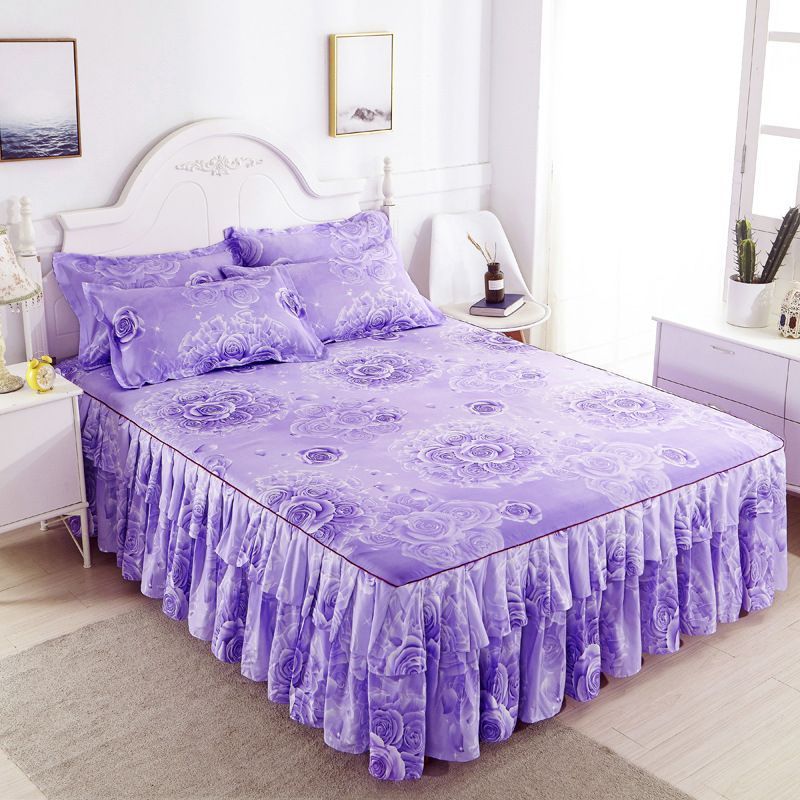 3pcs Bed Skirt Set(NO Duvet&Duvet Corver&Pillow) Purple Rose Bed Sets Ruffle Skin-friendly All Seasons Universal Non-slip Bed Sheets
