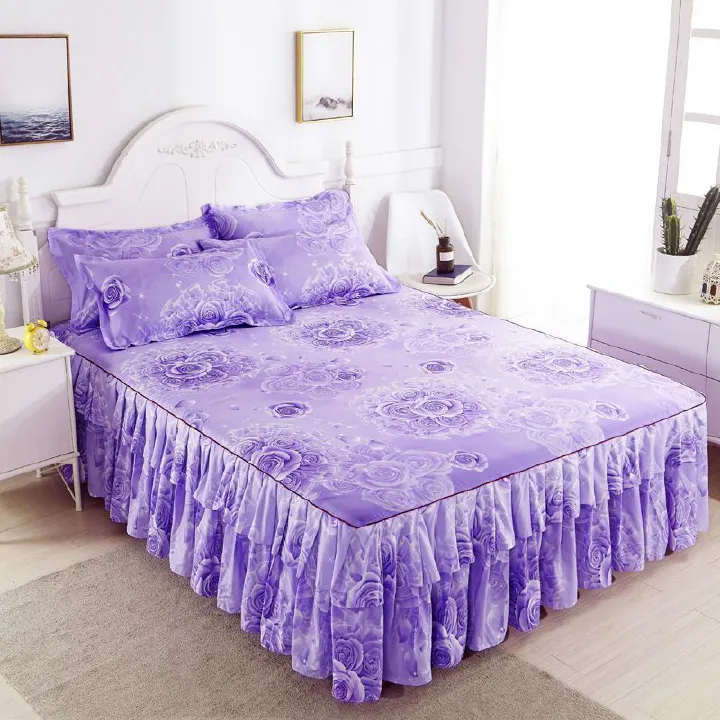 3pcs Bed Skirt Set(NO Duvet&Duvet Corver&Pillow) Purple Rose Bed Sets Ruffle Skin-friendly All Seasons Universal Non-slip Bed Sheets