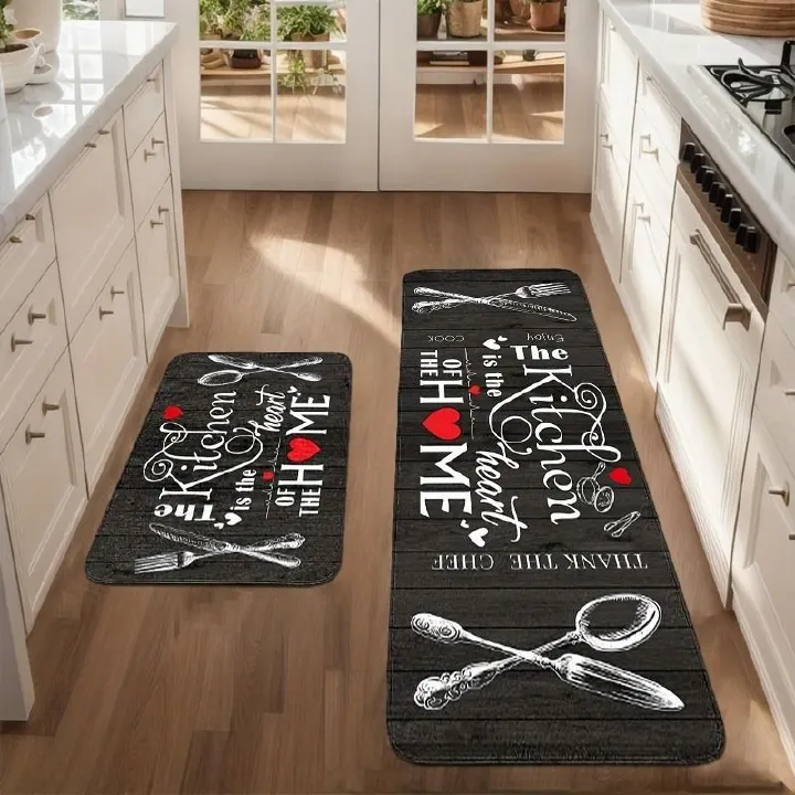 2 Piece Set Love Maisha Kitchen Rug , Black and White Rustic Vintage Style Theme Decor Kitchen Rugs, Absorbent Washable Non-Slip Floor Mats, Home Indoor Runner Carpet 40x60+40x120 CM