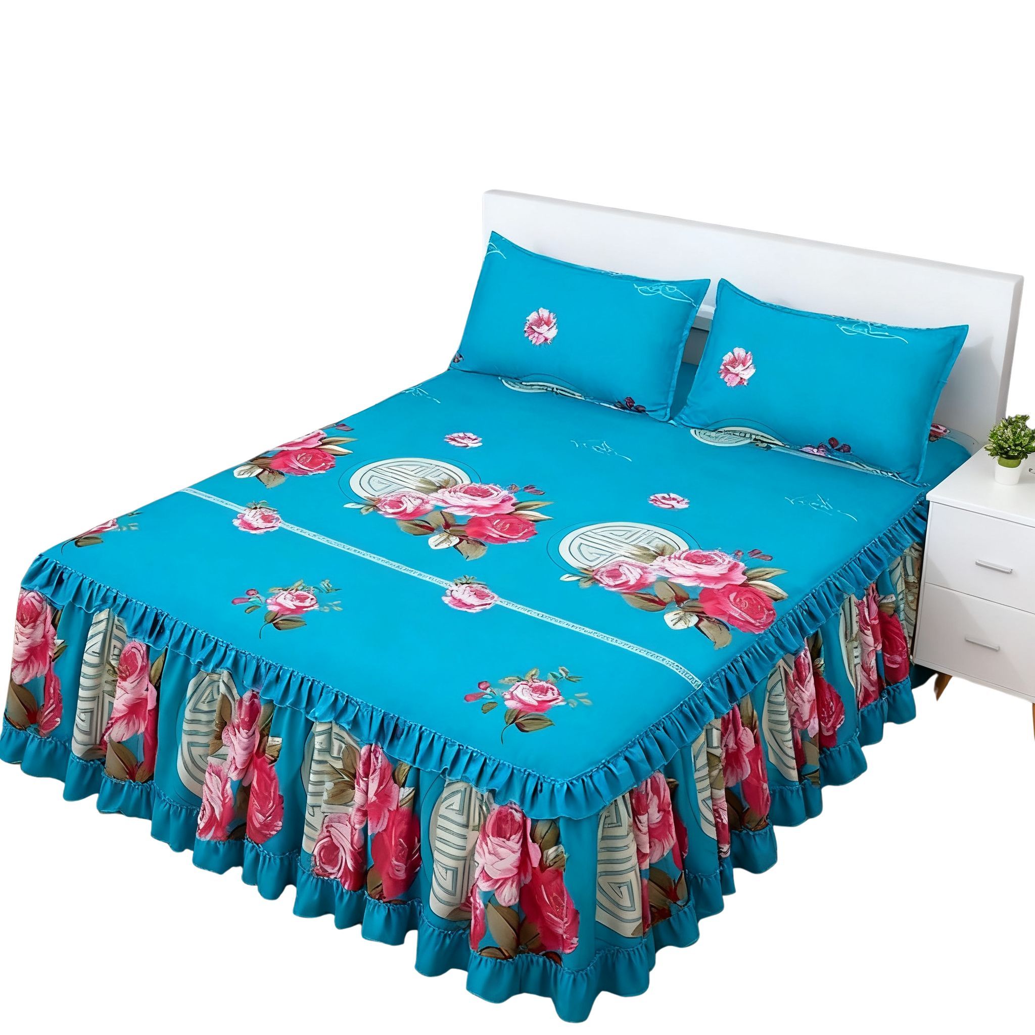 3pcs Bed Skirt Set (1 bed sheet 2 pillow cases)  Ruffle Skin-friendly All Seasons Universal Non-slip Bed Sheets No pilling No shrinkage Solid Color