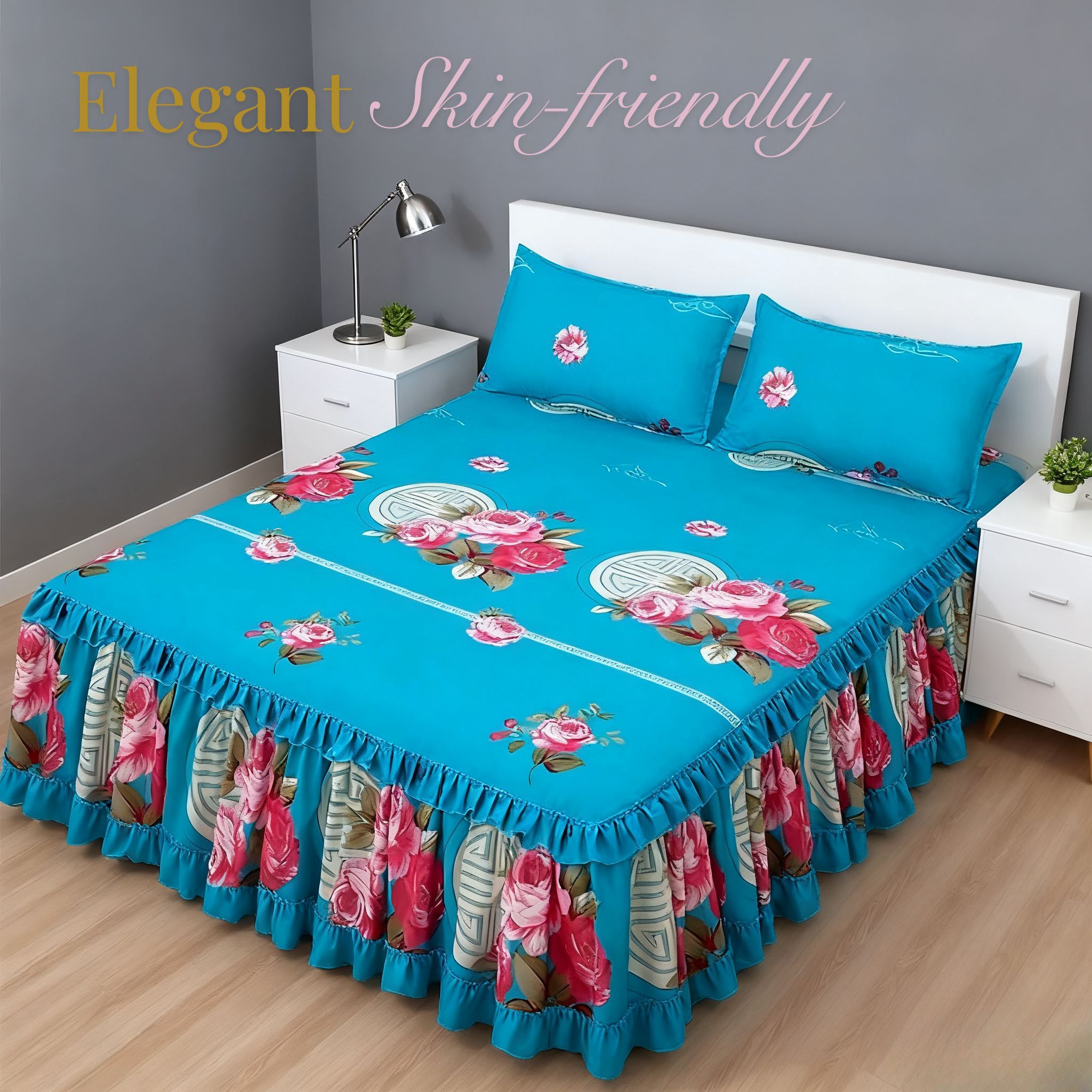 3pcs Bed Skirt Set (1 bed sheet 2 pillow cases)  Ruffle Skin-friendly All Seasons Universal Non-slip Bed Sheets No pilling No shrinkage Solid Color
