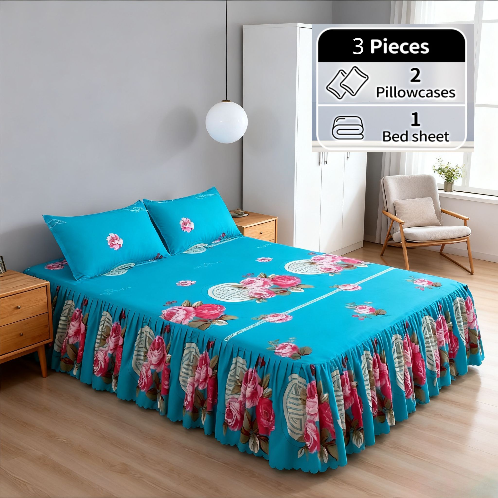 3pcs Bed Skirt Set (1 bed sheet 2 pillow cases)  Ruffle Skin-friendly All Seasons Universal Non-slip Bed Sheets No pilling No shrinkage Solid Color