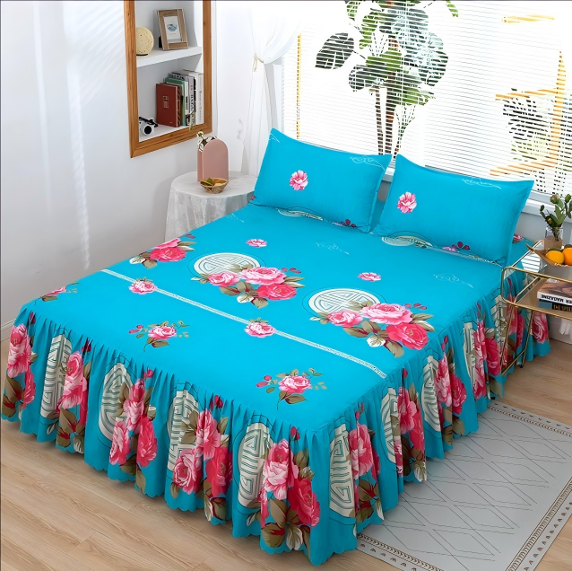 3pcs Bed Skirt Set (1 bed sheet 2 pillow cases)  Ruffle Skin-friendly All Seasons Universal Non-slip Bed Sheets No pilling No shrinkage Solid Color