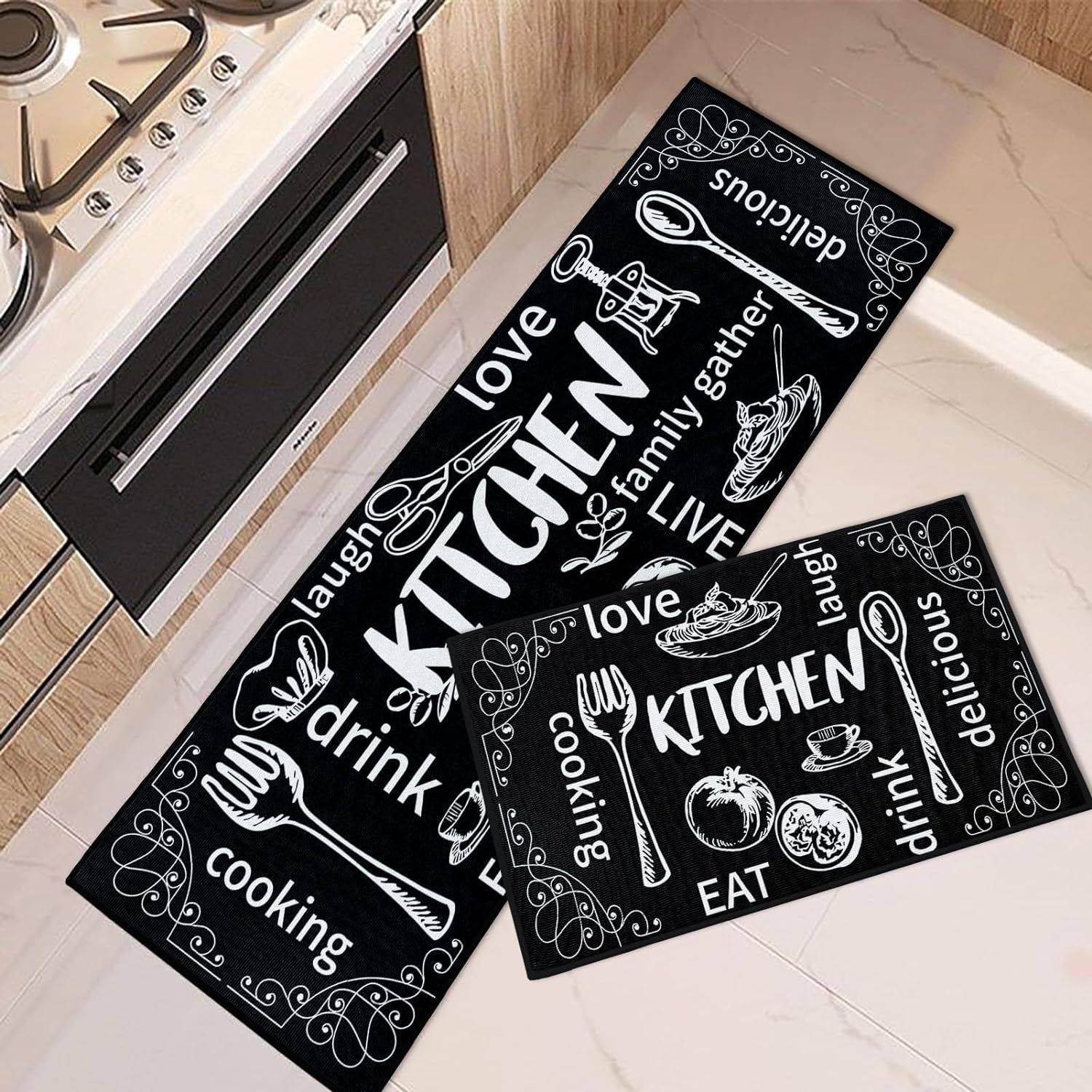 2pcs Anti Fatigue Kitchen Rug Set Floor Carpet Long Strip Door Mat Anti-slip Absorbent Oil Absorption Household Rug for Sink,Laundry Room