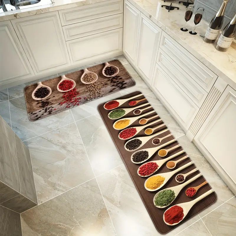 2PCS Non-Slip Kitchen Rug Set with Rubber Backing Water Absorbent, Oil & Stain Resistant Floor Mats Featuring Condiment Designs for Home Decor