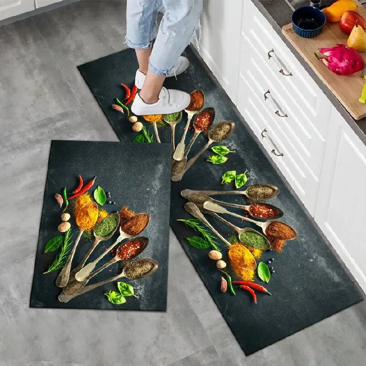 2PCS Non-Slip Kitchen Rug Set with Rubber Backing Water Absorbent, Oil & Stain Resistant Floor Mats Featuring Condiment Designs for Home Decor