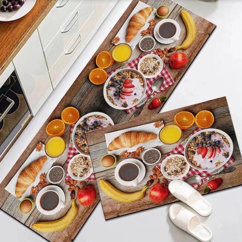 2PCS Non-Slip Kitchen Rug Set with Rubber Backing Water Absorbent, Oil & Stain Resistant Floor Mats Featuring Condiment Designs for Home Decor