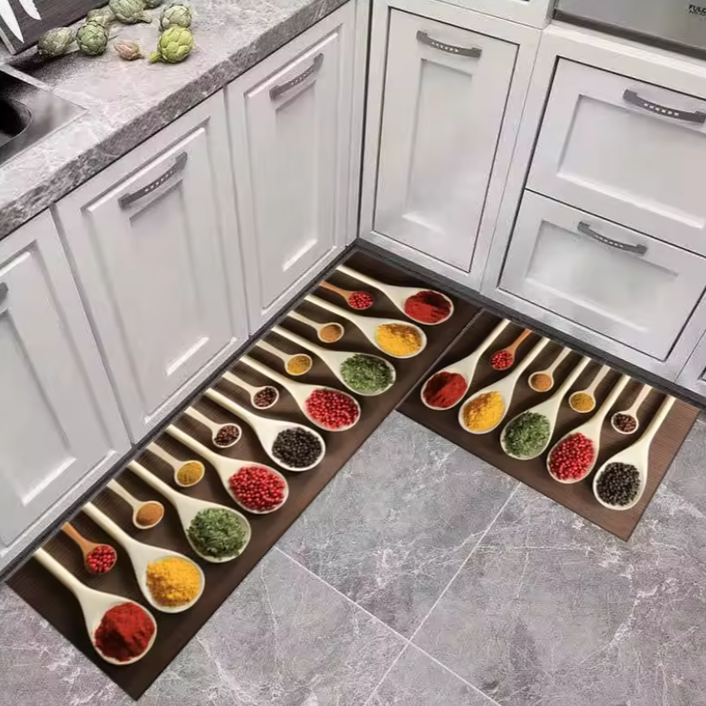 2PCS Non-Slip Kitchen Rug Set with Rubber Backing Water Absorbent, Oil & Stain Resistant Floor Mats Featuring Condiment Designs for Home Decor