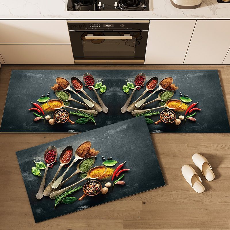 2PCS Non-Slip Kitchen Rug Set with Rubber Backing Water Absorbent, Oil & Stain Resistant Floor Mats Featuring Condiment Designs for Home Decor