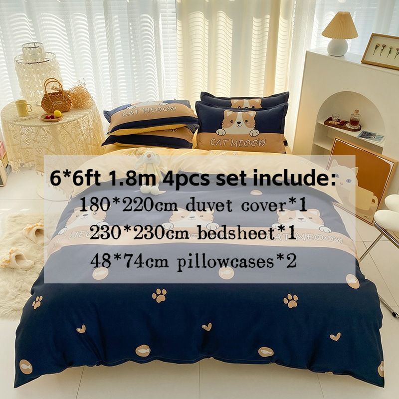 3/4pcs Set Cute Cat Minimal Style Washed Cotton Duvet Cover Set (NO Duvet&Pillow) Quilt Covers Bed Sets Skin-friendly Comforter Covers Set