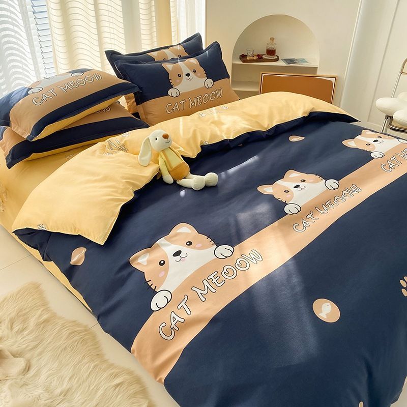 3/4pcs Set Cute Cat Minimal Style Washed Cotton Duvet Cover Set (NO Duvet&Pillow) Quilt Covers Bed Sets Skin-friendly Comforter Covers Set