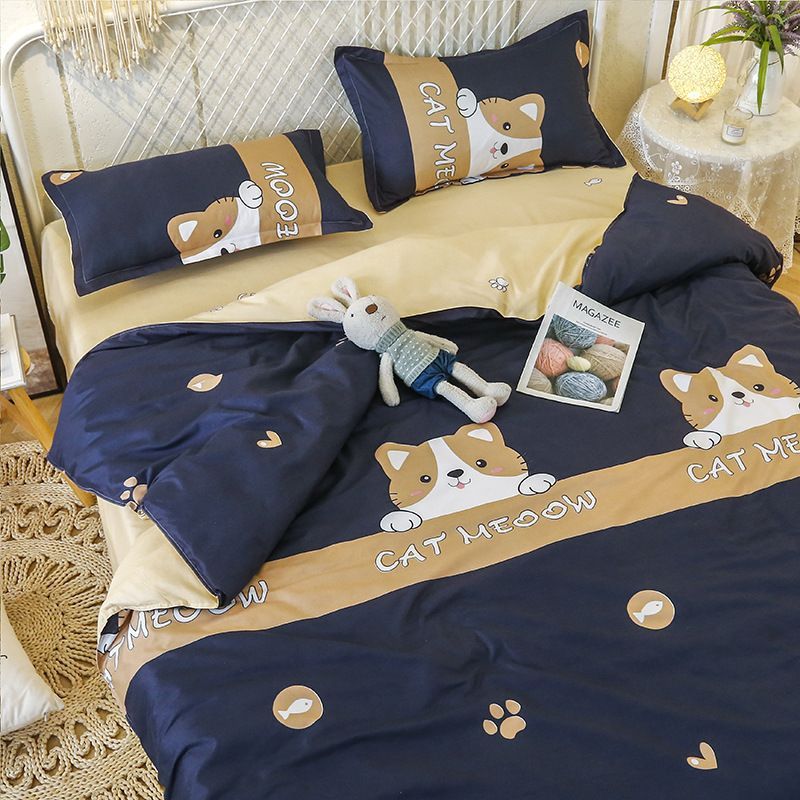 3/4pcs Set Cute Cat Minimal Style Washed Cotton Duvet Cover Set (NO Duvet&Pillow) Quilt Covers Bed Sets Skin-friendly Comforter Covers Set