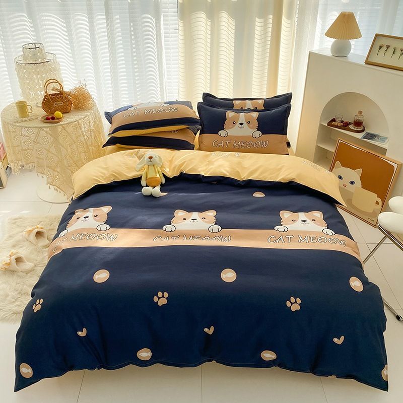3/4pcs Set Cute Cat Minimal Style Washed Cotton Duvet Cover Set (NO Duvet&Pillow) Quilt Covers Bed Sets Skin-friendly Comforter Covers Set