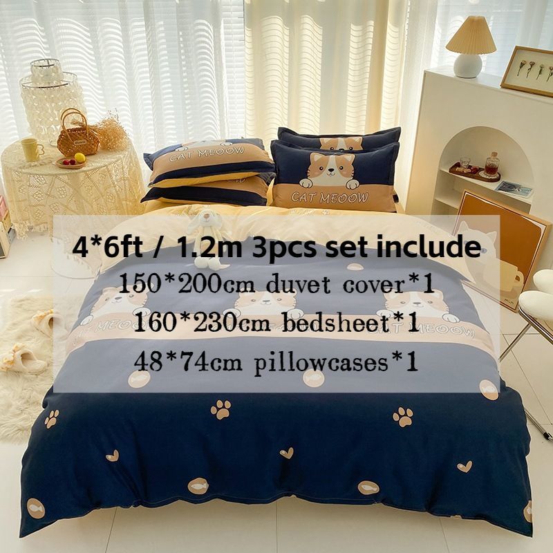 3/4pcs Set Cute Cat Minimal Style Washed Cotton Duvet Cover Set (NO Duvet&Pillow) Quilt Covers Bed Sets Skin-friendly Comforter Covers Set