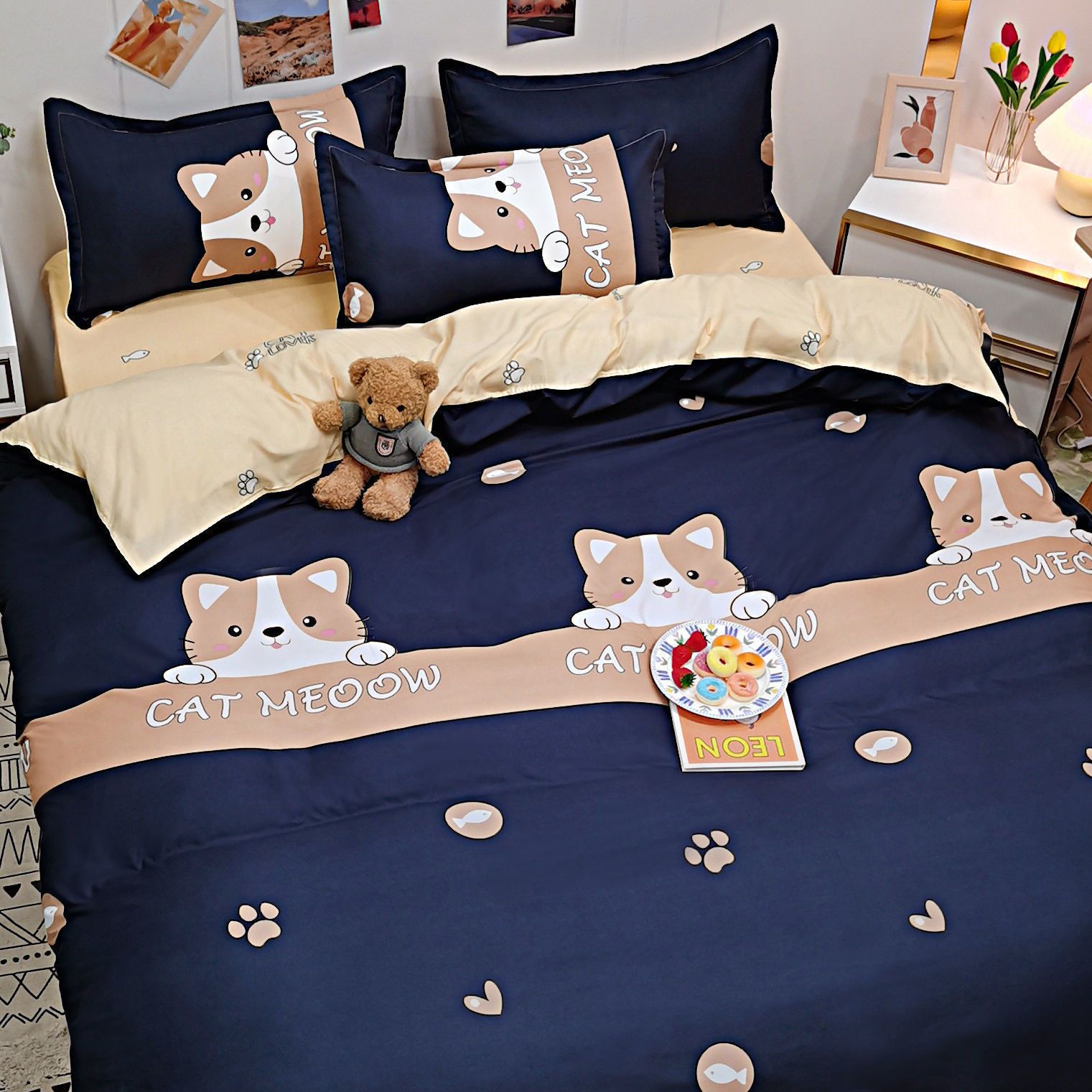 3/4pcs Set Cute Cat Minimal Style Washed Cotton Duvet Cover Set (NO Duvet&Pillow) Quilt Covers Bed Sets Skin-friendly Comforter Covers Set