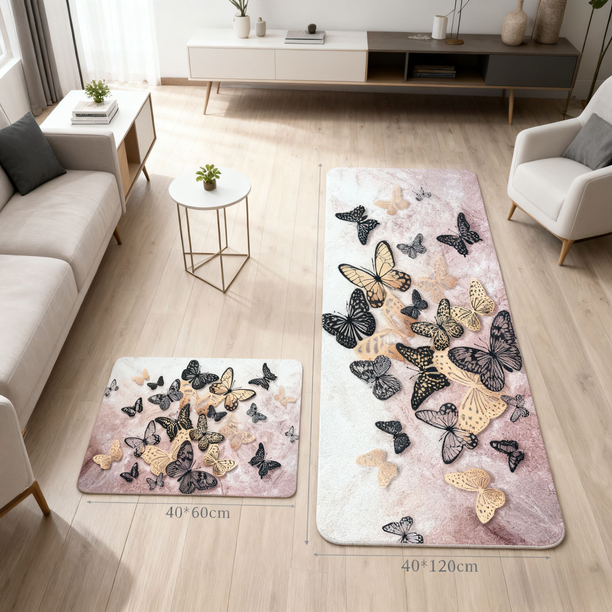 2PCS 3D Butterfly Non-Slip Anti Fatigue Kitchen Mat Set Water Absorbent Oil Stain Resistant Rubber Backing Floor Mats for Floor Sink, Laundry, Desk