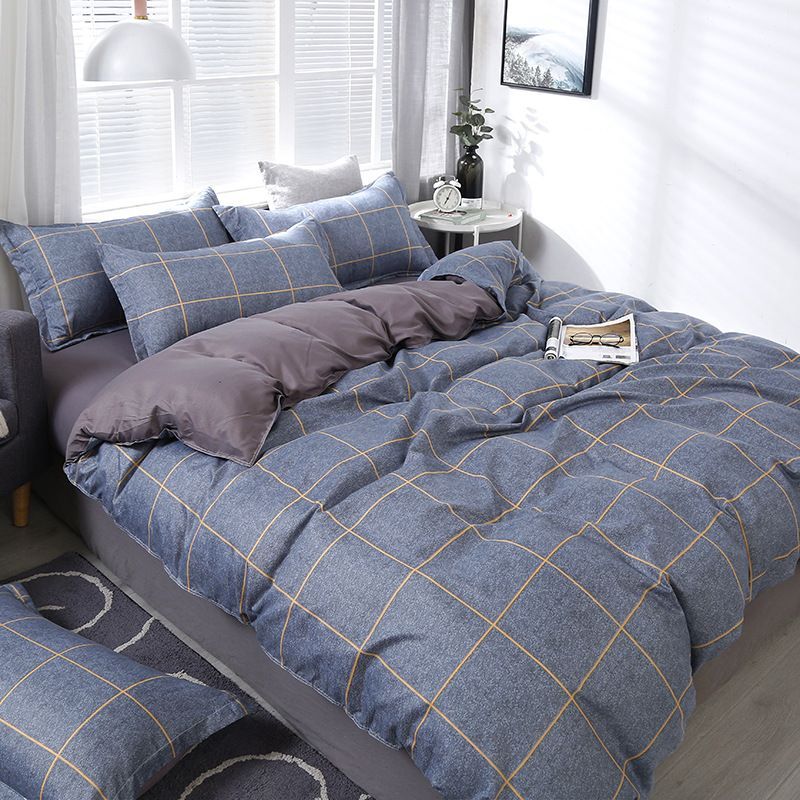 3/4pcs Washed Cotton Duvet Cover Set (NO Duvet&Pillow) Home Grey Grid Bed Sets Skin-friendly Comforter Covers