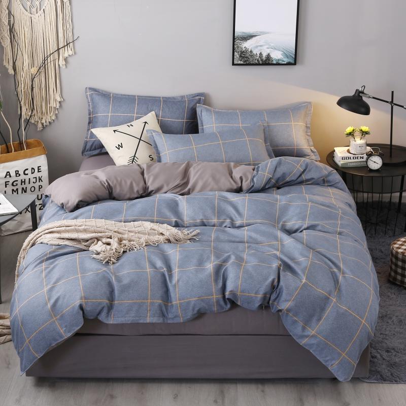 3/4pcs Washed Cotton Duvet Cover Set (NO Duvet&Pillow) Home Grey Grid Bed Sets Skin-friendly Comforter Covers