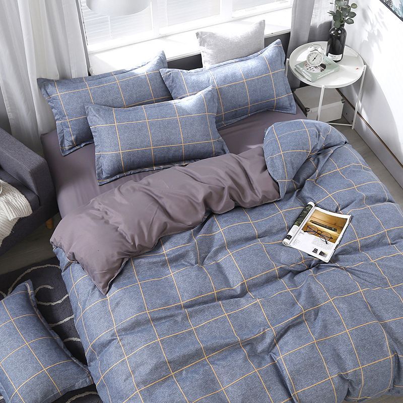 3/4pcs Washed Cotton Duvet Cover Set (NO Duvet&Pillow) Home Grey Grid Bed Sets Skin-friendly Comforter Covers