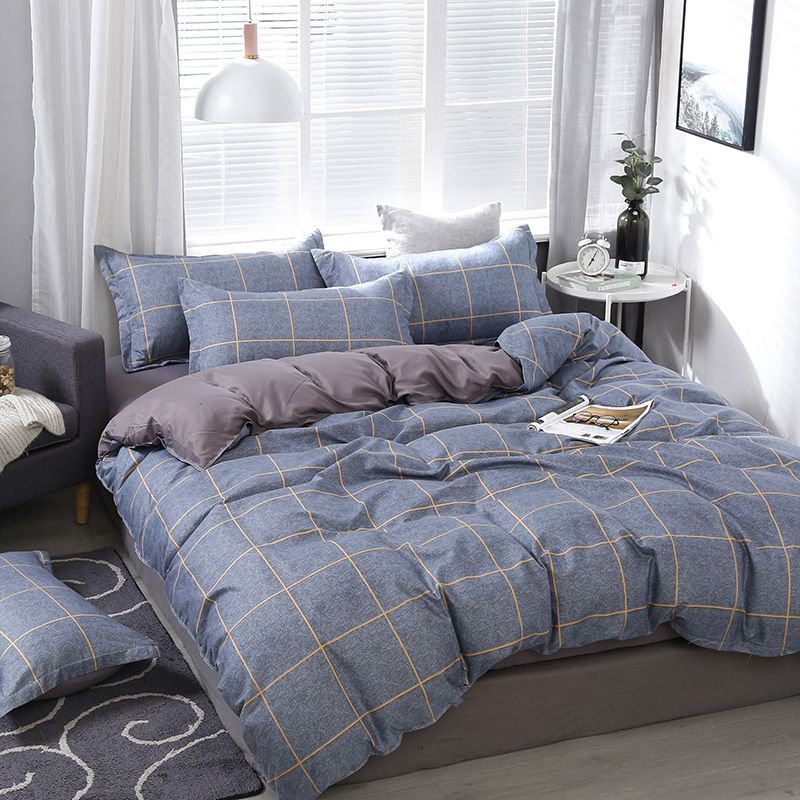 3/4pcs Washed Cotton Duvet Cover Set (NO Duvet&Pillow) Home Grey Grid Bed Sets Skin-friendly Comforter Covers