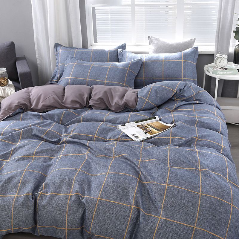 3/4pcs Washed Cotton Duvet Cover Set (NO Duvet&Pillow) Home Grey Grid Bed Sets Skin-friendly Comforter Covers