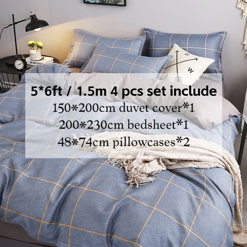 3/4pcs Washed Cotton Duvet Cover Set (NO Duvet&Pillow) Home Grey Grid Bed Sets Skin-friendly Comforter Covers