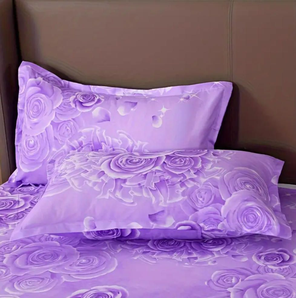 3pcs Bed Skirt Set(NO Duvet&Duvet Corver&Pillow) Purple Rose Bed Sets Ruffle Skin-friendly All Seasons Universal Non-slip Bed Sheets