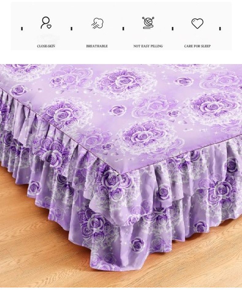3pcs Bed Skirt Set(NO Duvet&Duvet Corver&Pillow) Purple Rose Bed Sets Ruffle Skin-friendly All Seasons Universal Non-slip Bed Sheets