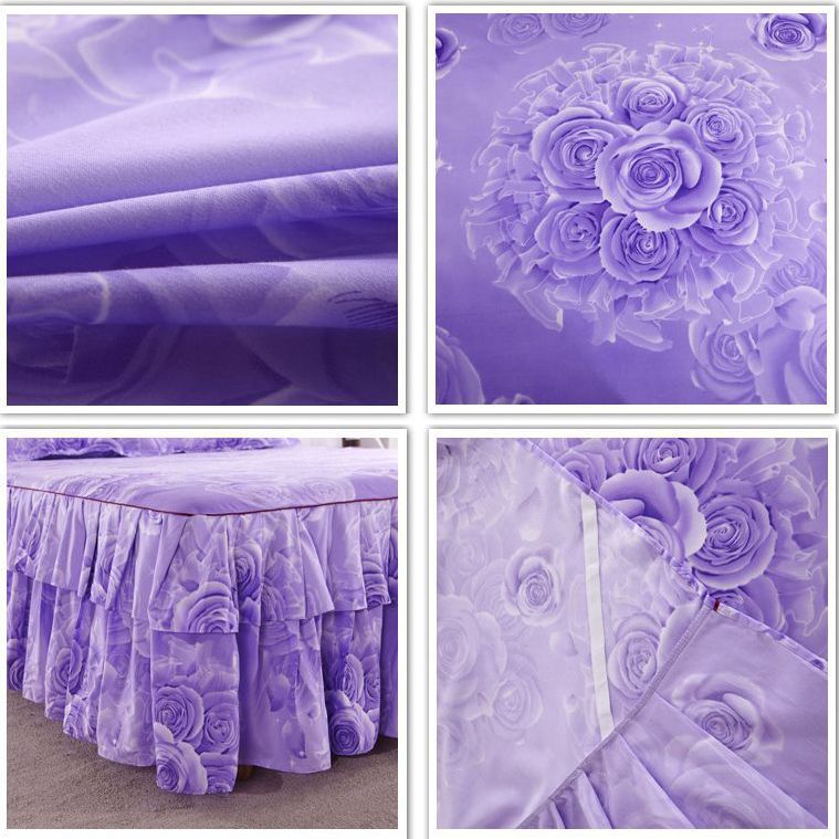 3pcs Bed Skirt Set(NO Duvet&Duvet Corver&Pillow) Purple Rose Bed Sets Ruffle Skin-friendly All Seasons Universal Non-slip Bed Sheets