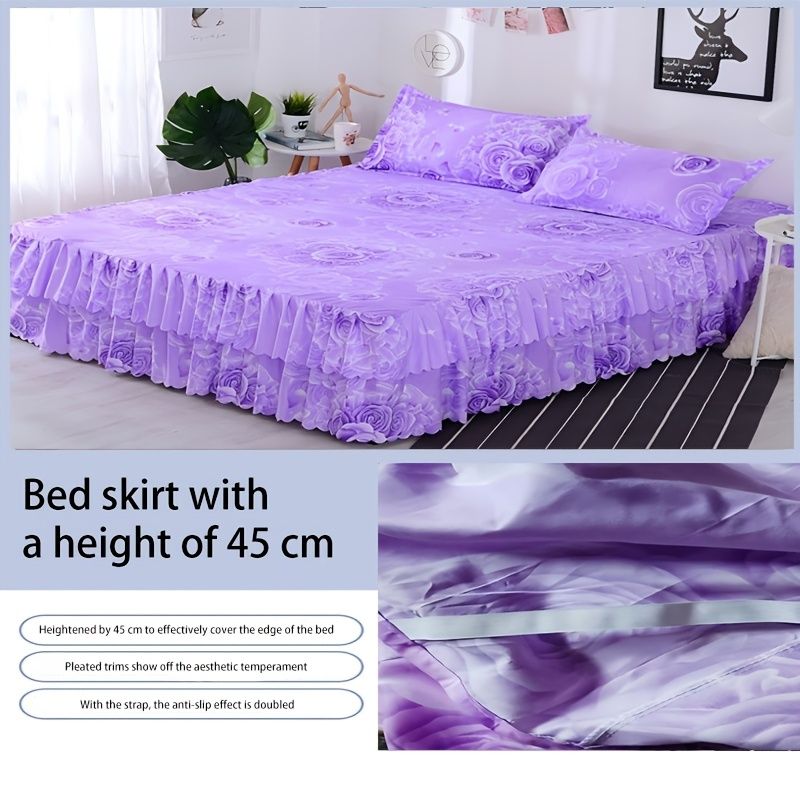 3pcs Bed Skirt Set(NO Duvet&Duvet Corver&Pillow) Purple Rose Bed Sets Ruffle Skin-friendly All Seasons Universal Non-slip Bed Sheets