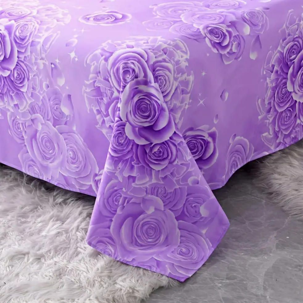 3pcs Bed Skirt Set(NO Duvet&Duvet Corver&Pillow) Purple Rose Bed Sets Ruffle Skin-friendly All Seasons Universal Non-slip Bed Sheets