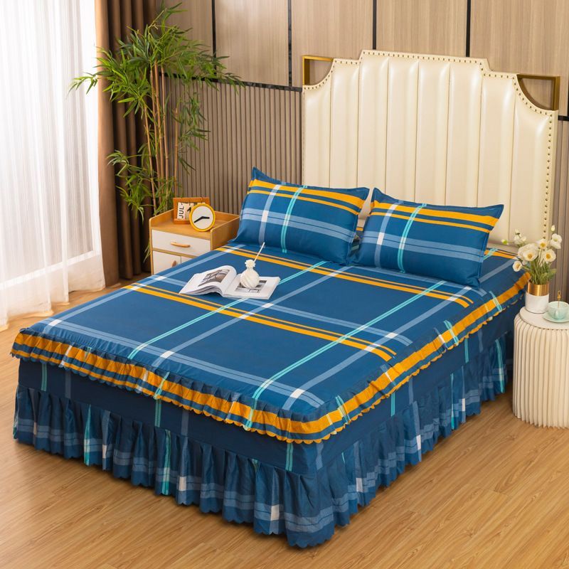 3pcs Elegant Plaid Bed Sheet Sets (1 bed sheet + 2 pillow cases) Triple Ruffle Bedspread Bed Skirt Skin-friendly Bedding Set