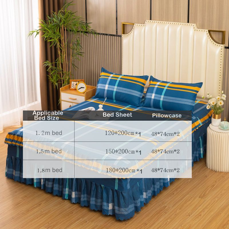 3pcs Elegant Plaid Bed Sheet Sets (1 bed sheet + 2 pillow cases) Triple Ruffle Bedspread Bed Skirt Skin-friendly Bedding Set
