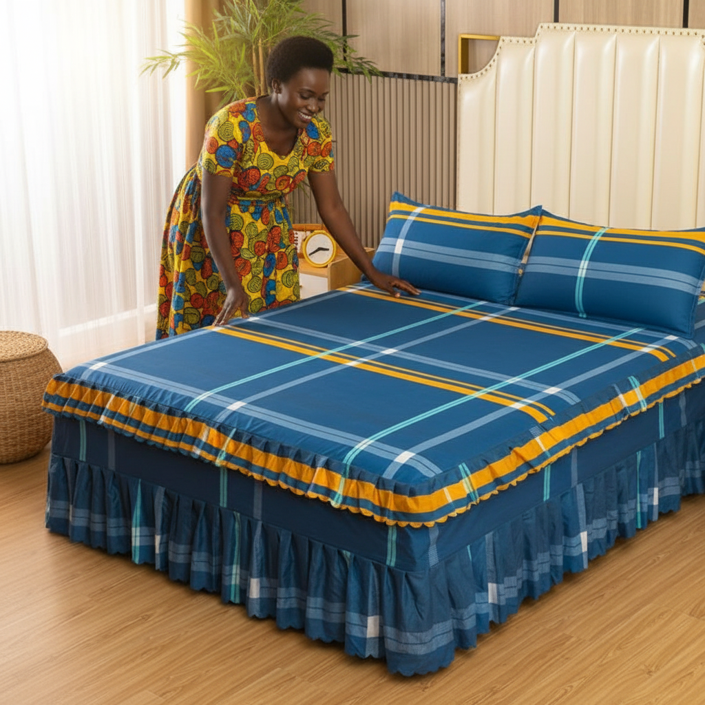 3pcs Elegant Plaid Bed Sheet Sets (1 bed sheet + 2 pillow cases) Triple Ruffle Bedspread Bed Skirt Skin-friendly Bedding Set