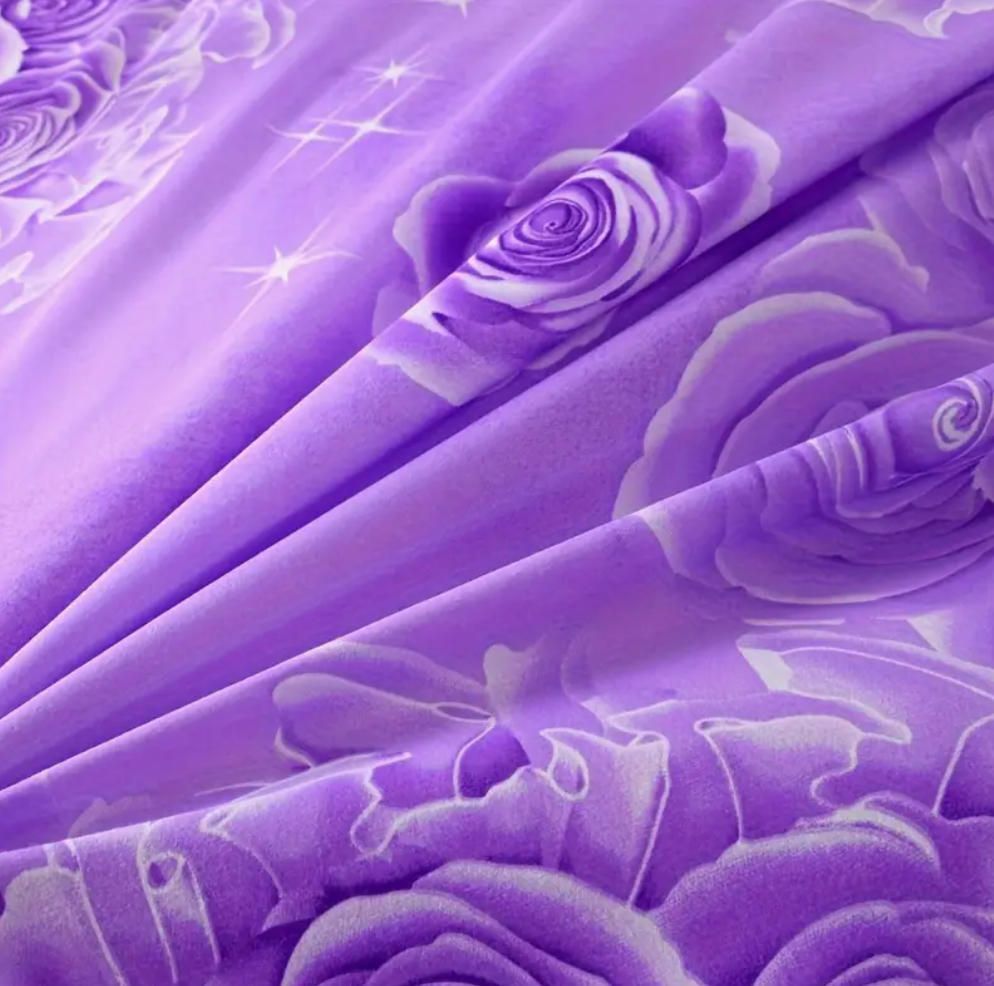3pcs Bed Skirt Set(NO Duvet&Duvet Corver&Pillow) Purple Rose Bed Sets Ruffle Skin-friendly All Seasons Universal Non-slip Bed Sheets