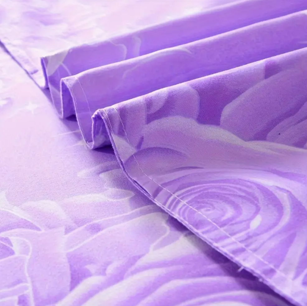 3pcs Bed Skirt Set(NO Duvet&Duvet Corver&Pillow) Purple Rose Bed Sets Ruffle Skin-friendly All Seasons Universal Non-slip Bed Sheets