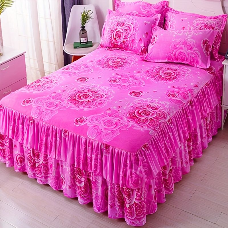 3pcs Bed Skirt Set(NO Duvet&Duvet Corver&Pillow) Purple Rose Bed Sets Ruffle Skin-friendly All Seasons Universal Non-slip Bed Sheets