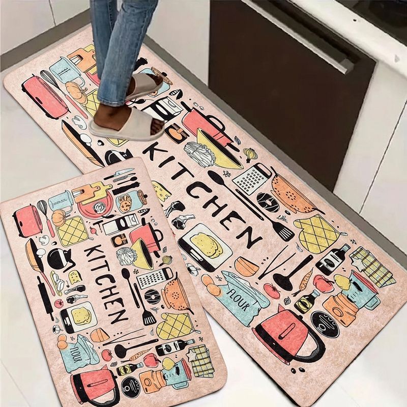 2PCS Pink Non-Slip Kitchen Rug Set with Rubber Backing Doodle Cartoon Kitchen Tools Design Floor Mat for Home Decor, Bathroom, Living Room - Easy Clean Carpet