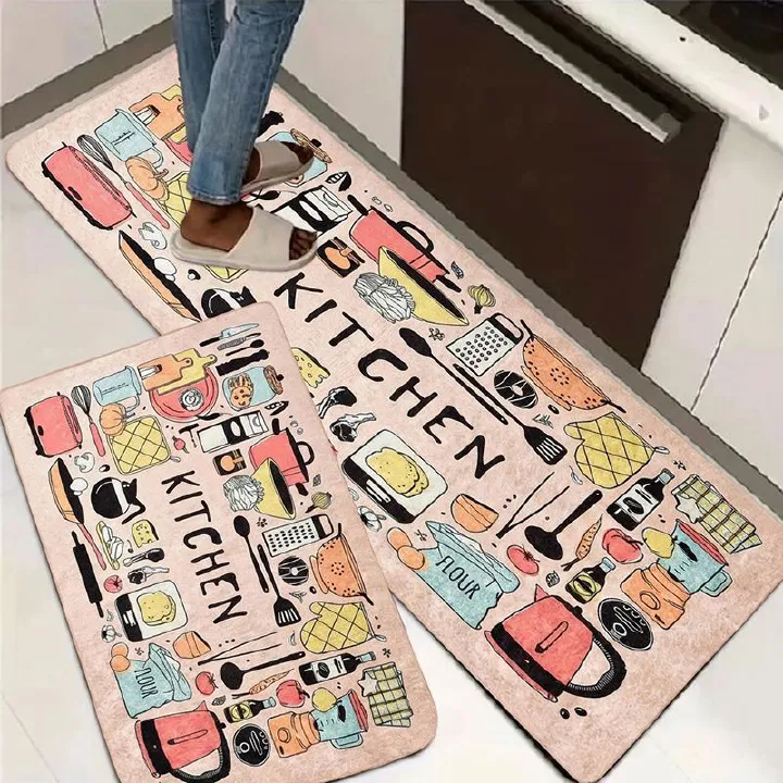 2PCS Pink Non-Slip Kitchen Rug Set with Rubber Backing Doodle Cartoon Kitchen Tools Design Floor Mat for Home Decor, Bathroom, Living Room - Easy Clean Carpet