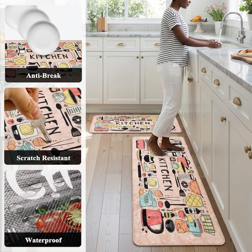2PCS Pink Non-Slip Kitchen Rug Set with Rubber Backing Doodle Cartoon Kitchen Tools Design Floor Mat for Home Decor, Bathroom, Living Room - Easy Clean Carpet
