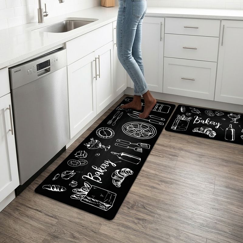 2PCS Black White Kitchenware Kitchen Rules Bakery Non Slip Absorbent Washable Kitchen Rugs Anti Fatigue Kitchen Mats Rugs Sets Floor Mats, Home Indoor Runner Carpet