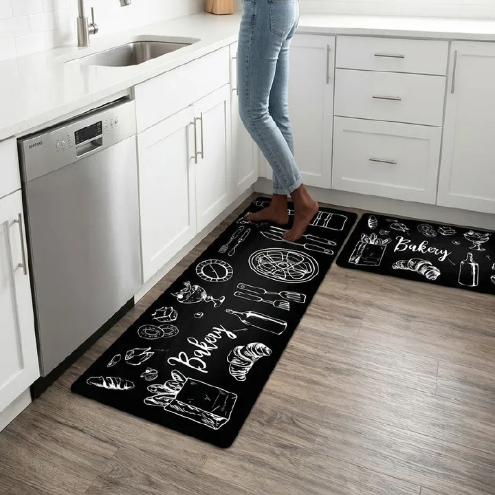 2PCS Black White Kitchenware Kitchen Rules Bakery Non Slip Absorbent Washable Kitchen Rugs Anti Fatigue Kitchen Mats Rugs Sets Floor Mats, Home Indoor Runner Carpet