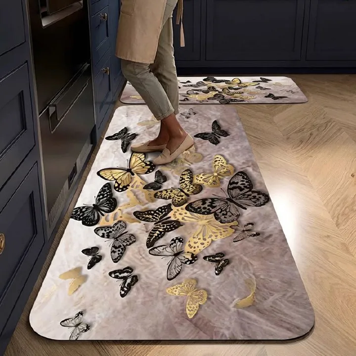 2PCS 3D Butterfly Non-Slip Anti Fatigue Kitchen Mat Set Water Absorbent Oil Stain Resistant Rubber Backing Floor Mats for Floor Sink, Laundry, Desk