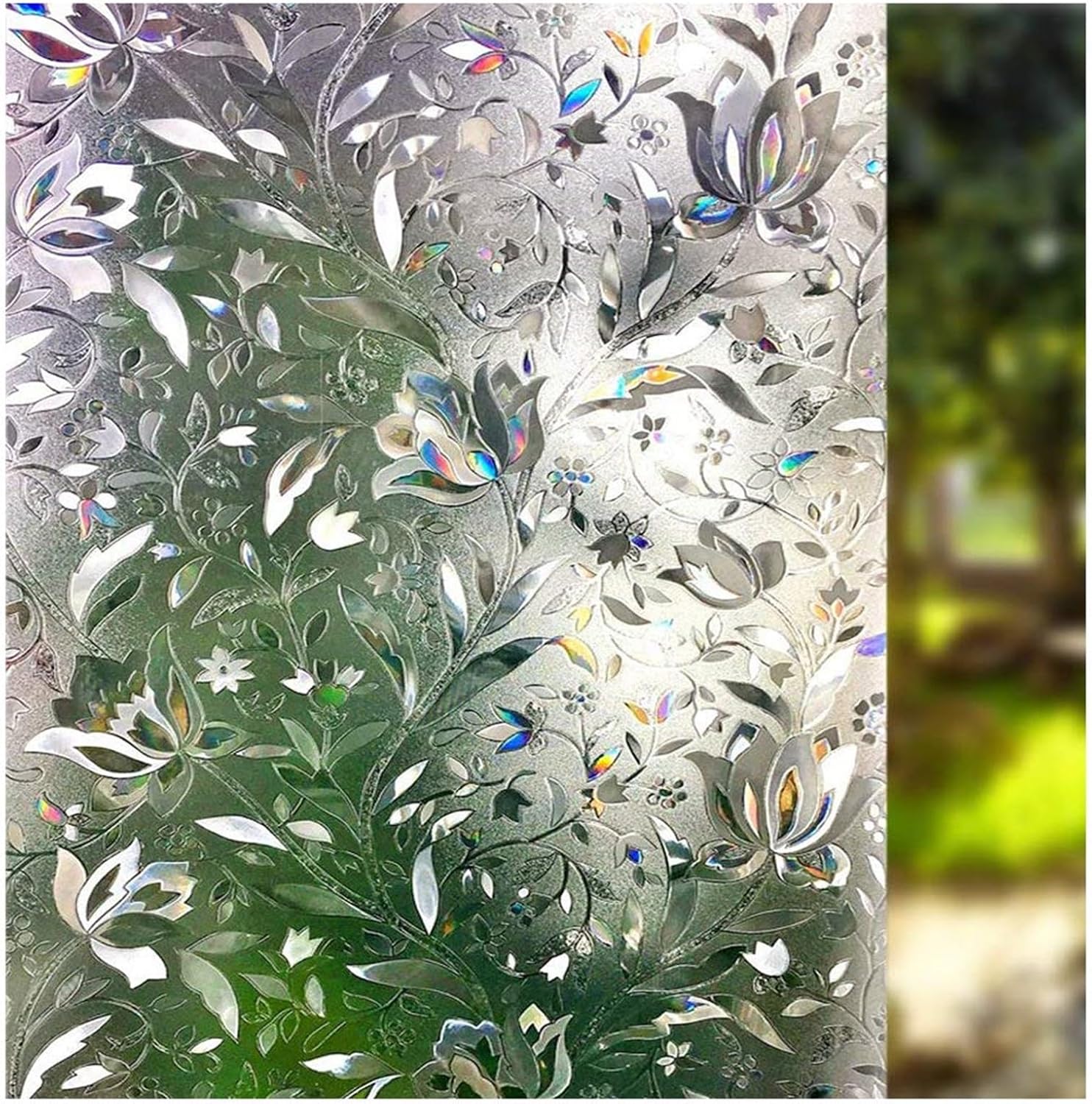 1PC 60x200cm 3D Rainbow Tulip Private Window Film Stained Glass Sunscreen Home Scrub Film Non-Stick Removable Reflective Window Sticker