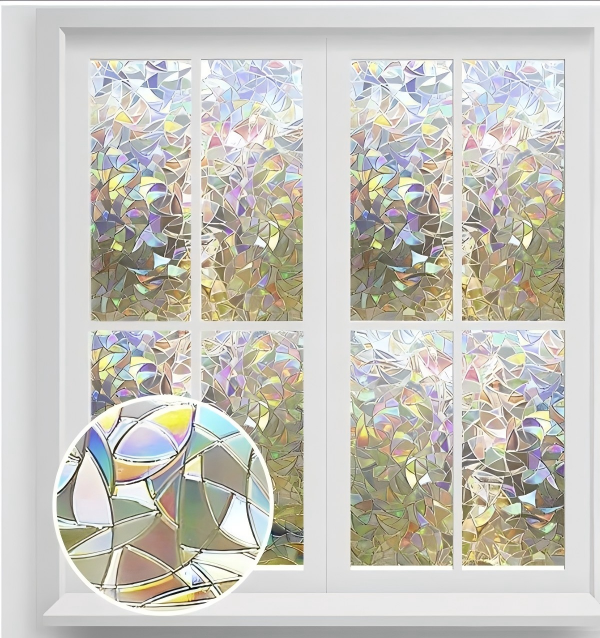 1PC 60x200cm 3D Rainbow Tulip Private Window Film Stained Glass Sunscreen Home Scrub Film Non-Stick Removable Reflective Window Sticker