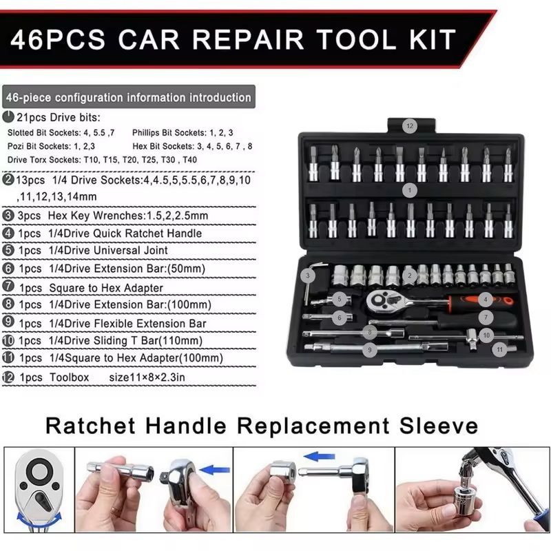 46Pcs Car Repair Tool Kit 1/4-Inch Socket Set Home Repair Tool Ratchet Torque Wrench Combo Auto Repairing Set Mechanic Tool