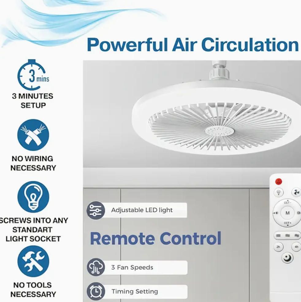 E27 LED Socket Ceiling Fan Light Dimmable 50W With Remote Control Silent Fan Light Enclosed Low Profile Fan Light