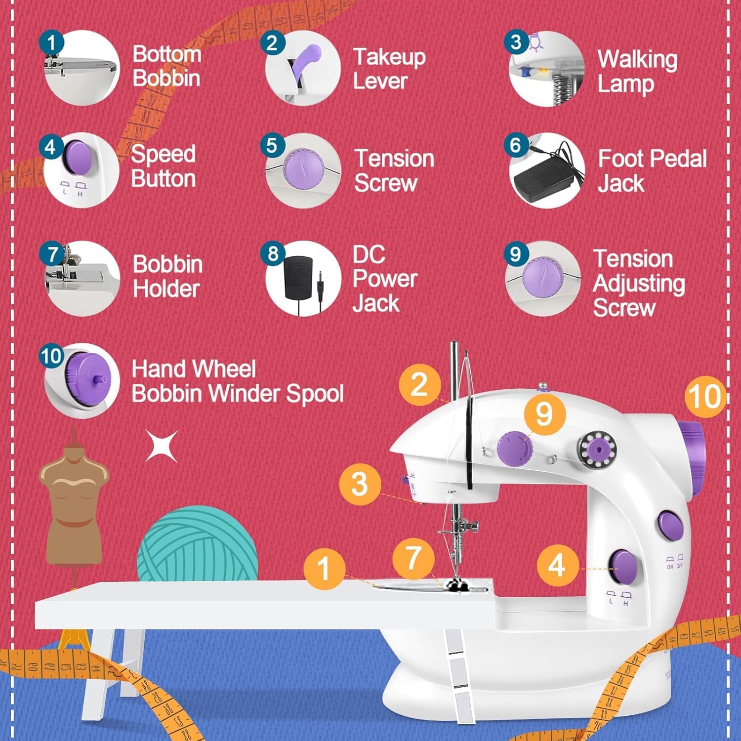 35PCS Portable Basic Sewing Fully Automatic Electric Machine Set with Extension Table and Light Mini Handheld Sewing Machine Foot Pedal Stitching Machine for Beginners Children