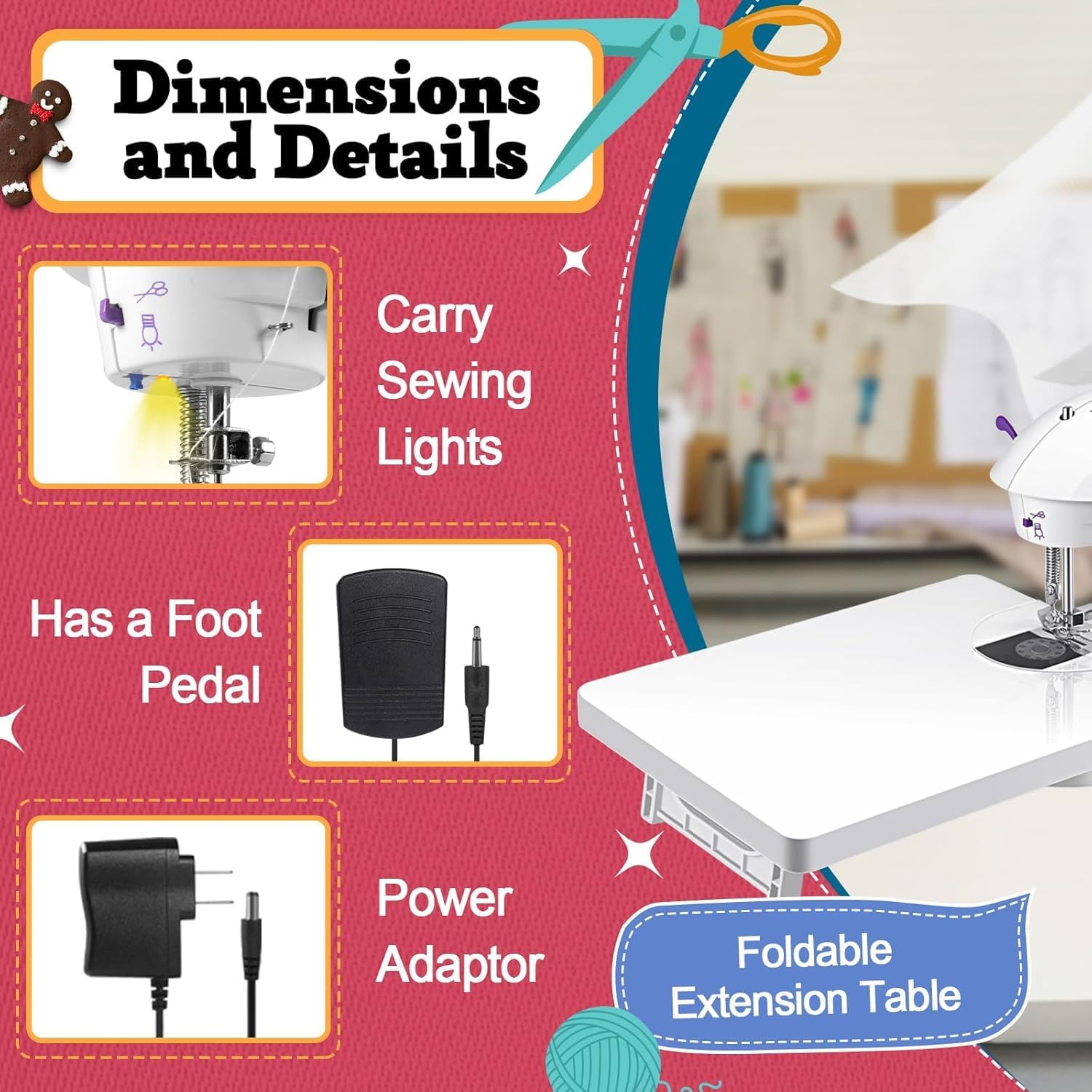 35PCS Portable Basic Sewing Fully Automatic Electric Machine Set with Extension Table and Light Mini Handheld Sewing Machine Foot Pedal Stitching Machine for Beginners Children