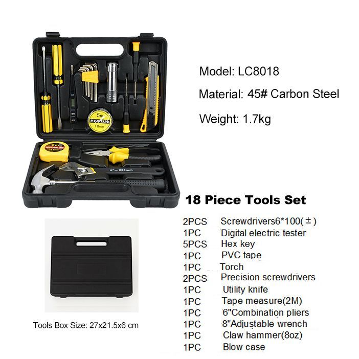 18pcs Tools Set General Household Hand Tool Kit with Plastic Toolbox Storage Case for Handyman Home Maintenance Car repair